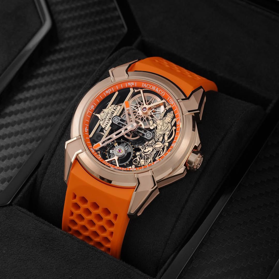 JAC_OB & CO EPIC X RAM JANMABHOOMI ROSE GOLD EDITION WATCH WITH AN ORANGE RUBBER STRAP
