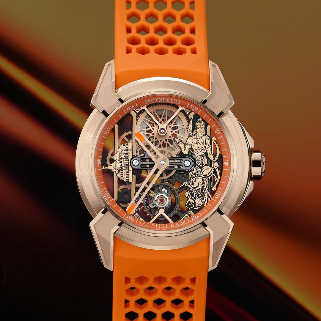 JAC_OB & CO EPIC X RAM JANMABHOOMI ROSE GOLD EDITION WATCH WITH AN ORANGE RUBBER STRAP